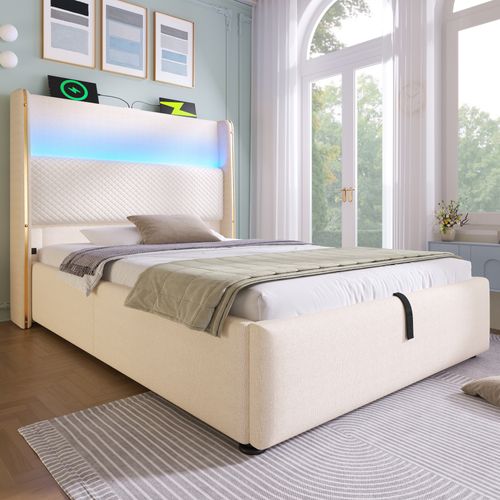 Lit Coffre 90x200 Cm Avec LED, Rangement, Tête De Lit Haute Et Ports USB/type-c, Lin Beige