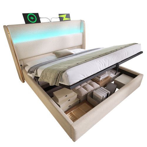 Lit Coffre 140x200 Cm 2 Places En Lin Beige Avec LED, Tête De Lit Haute Et Ports USB/type-c