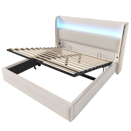 Lit Coffre 140x200 Cm 2 Places En Lin Beige Avec LED, Tête De Lit Haute Et Ports USB/type-c
