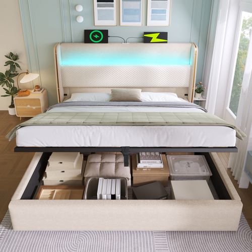 Lit Coffre Double 180x200 Cm, Tête De Lit Avec LED, Ports De Charge, Rangement Hyraulique, Lin Beige