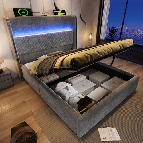Lit Coffre 90x200 Cm Avec LED, Rangement, Tête De Lit Haute Et Ports USB/type-c, Lin Gris