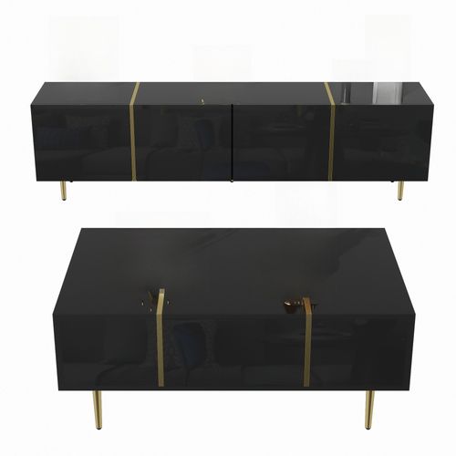 Ensemble Meuble TV Et Table Basse, Design Moderne - Noir Brillant