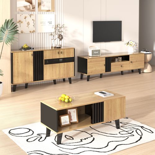 Ensemble Salon 3 Pièces Table Basse Meuble TV Buffet Design Moderne Bois Noir Avec Rangement