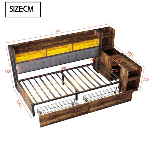 Lit Enfant 90x200 Cm Avec Bureau Mobile, Rangement, 2 Tiroirs Et Prises Intégrées, Bois Et Métal