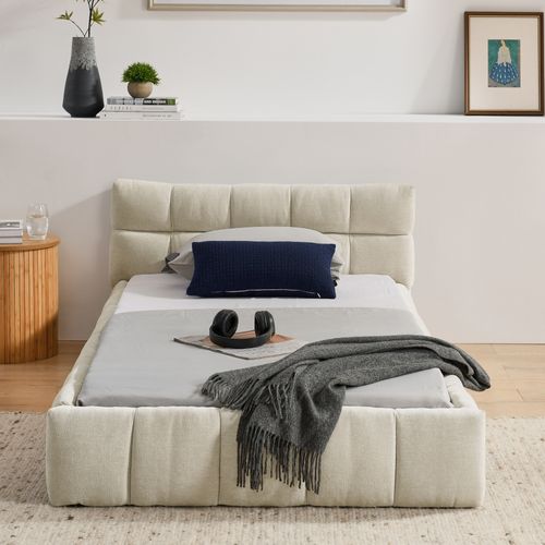 Lit Simple Enfant 90x200 Cm En Tissu Chenille Beige Avec Sommier à Lattes, Structure Bois Métal