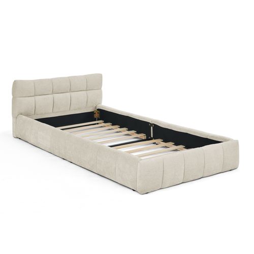 Lit Simple Enfant 90x200 Cm En Tissu Chenille Beige Avec Sommier à Lattes, Structure Bois Métal