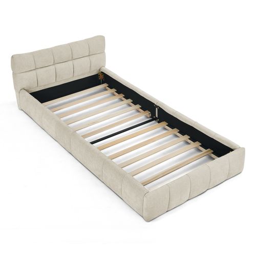 Lit Simple Enfant 90x200 Cm En Tissu Chenille Beige Avec Sommier à Lattes, Structure Bois Métal