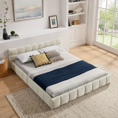 Lit Adulte 160x200cm 2 Places Avec Sommier à Lattes, Cadre Bois Métal, En Tissu Chenille Beige - Lit double BUT