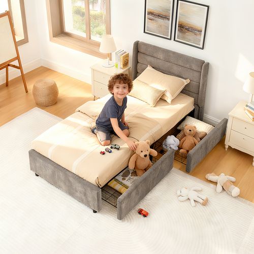 Lit Enfant 90x200 Cm En Chenille Gris Foncé Avec 2 Tiroirs De Rangement, Cadre Bois Et Métal