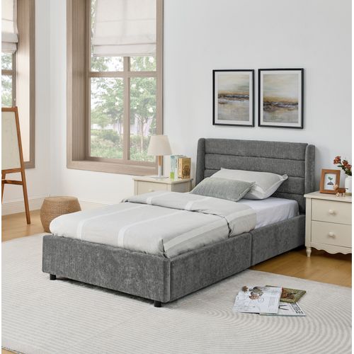 Lit Enfant 90x200 Cm En Chenille Gris Foncé Avec 2 Tiroirs De Rangement, Cadre Bois Et Métal