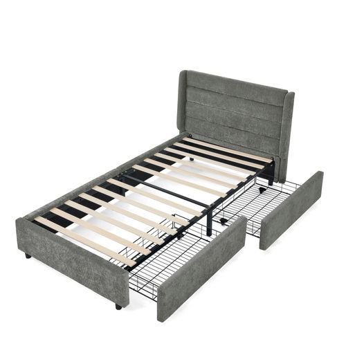 Lit Enfant 90x200 Cm En Chenille Gris Foncé Avec 2 Tiroirs De Rangement, Cadre Bois Et Métal