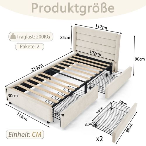 Lit Enfant 90x200 Cm En Tissu Chenille Beige Avec 2 Tiroirs De Rangement, Cadre Bois Et Métal