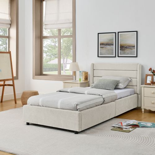 Lit Enfant 90x200 Cm En Tissu Chenille Beige Avec 2 Tiroirs De Rangement, Cadre Bois Et Métal
