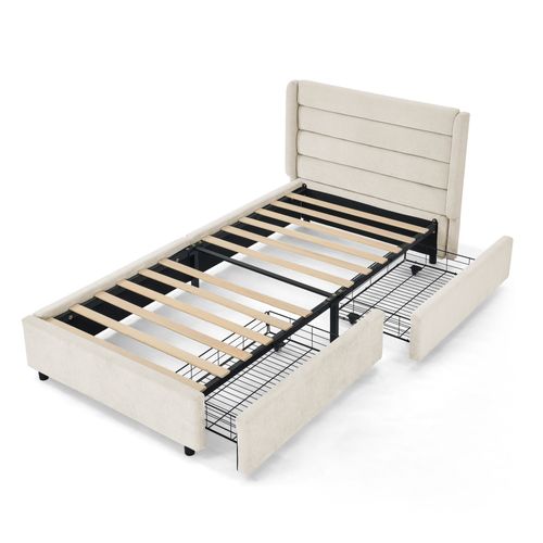 Lit Enfant 90x200 Cm En Tissu Chenille Beige Avec 2 Tiroirs De Rangement, Cadre Bois Et Métal