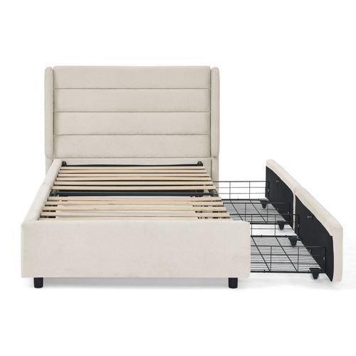 Lit Enfant 90x200 Cm En Tissu Chenille Beige Avec 2 Tiroirs De Rangement, Cadre Bois Et Métal