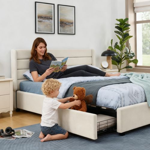 Lit Avec Rangement 140x200 Cm 2 Places, 4 Tiroirs Et Sommier, Cadre Bois Métal, Tissu Chenille Beige