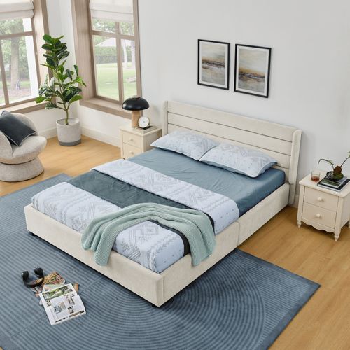 Lit Avec Rangement 140x200 Cm 2 Places, 4 Tiroirs Et Sommier, Cadre Bois Métal, Tissu Chenille Beige