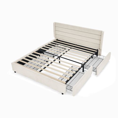 Lit Avec Rangement 140x200 Cm 2 Places, 4 Tiroirs Et Sommier, Cadre Bois Métal, Tissu Chenille Beige