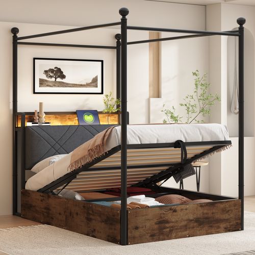 Lit Coffre 90x190 Cm En Métal Noir Avec LED, USB/type-c, Baldaquin Amovible Et Rangement Hydraulique