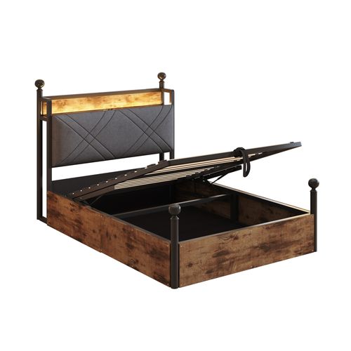 Lit Coffre 90x190 Cm En Métal Noir Avec LED, USB/type-c, Baldaquin Amovible Et Rangement Hydraulique
