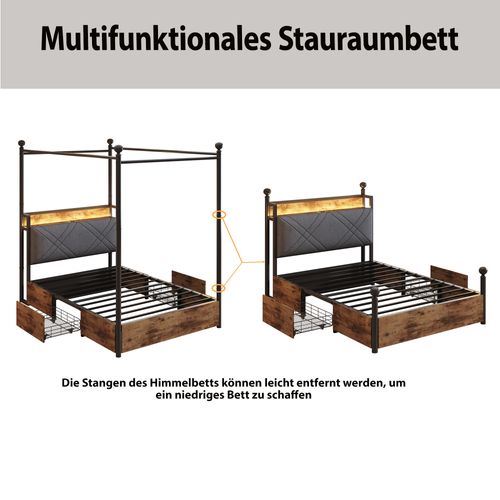 Lit 90x190 Cm Bois Et Noir Avec LED, USB/type-c, 2 Tiroirs De Rangement Latéral Et Baldaquin