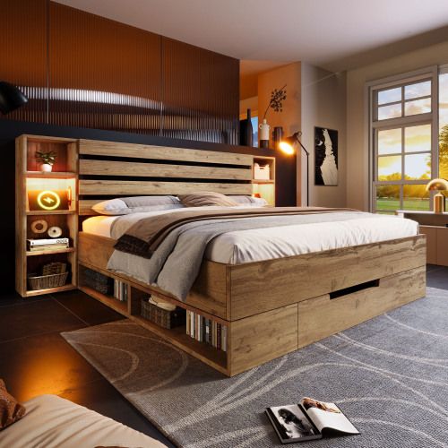 Lit Adulte 180x200 Cm, Lit En Bois Avec LED Et USB C, Tête De Lit Et Tiroirs De Rangement, Chêne