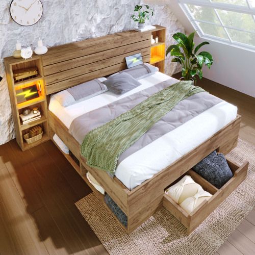 Lit Adulte 180x200 Cm, Lit En Bois Avec LED Et USB C, Tête De Lit Et Tiroirs De Rangement, Chêne