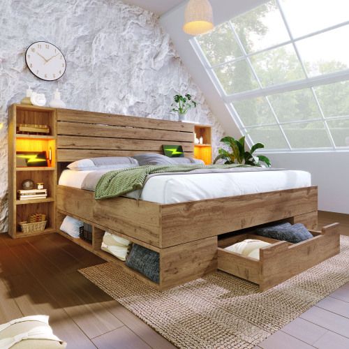 Lit Adulte 160x200 Cm, Lit En Bois Avec LED Et USB C, Tête De Lit Et Tiroirs De Rangement, Chêne