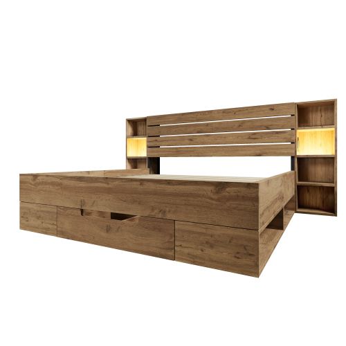 Lit Adulte 160x200 Cm, Lit En Bois Avec LED Et USB C, Tête De Lit Et Tiroirs De Rangement, Chêne