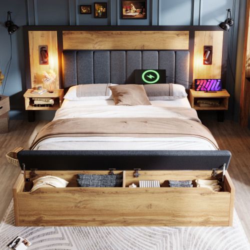 Lit Adulte 180x200 Cm Avec Lampe Et USB C, Table De Chevet Et Banc, En Bois Et Lin, Chêne