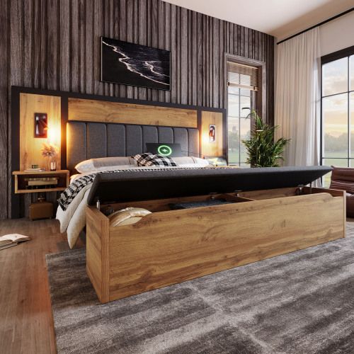 Lit Adulte 180x200 Cm Avec Lampe Et USB C, Table De Chevet Et Banc, En Bois Et Lin, Chêne
