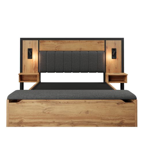 Lit Adulte 180x200 Cm Avec Lampe Et USB C, Table De Chevet Et Banc, En Bois Et Lin, Chêne