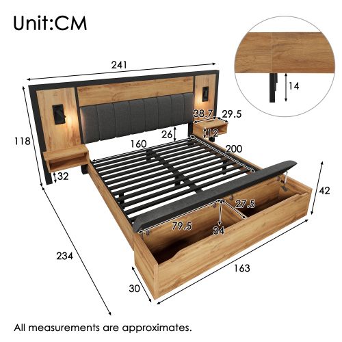 Lit Adulte 160x200 Cm Avec Lampe Et USB C, Table De Chevet Et Banc, En Bois Et Lin, Chêne