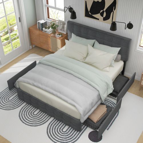 Lit Adulte 140x200 Cm Avec 4 Tiroirs, Tête De Lit Réglable, Design à Coutures Carrées, En Lin Gris