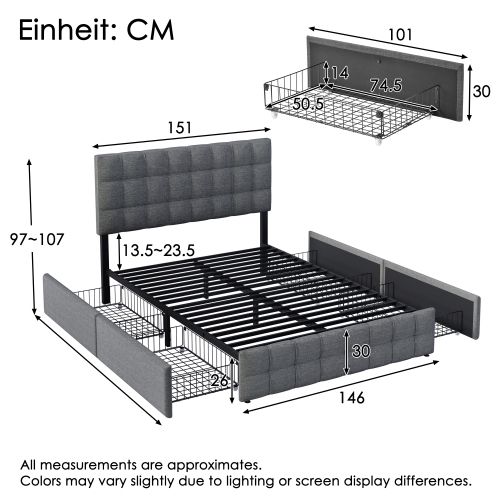 Lit Adulte 140x200 Cm Avec 4 Tiroirs, Tête De Lit Réglable, Design à Coutures Carrées, En Lin Gris