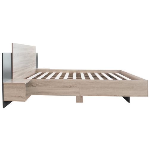 Lit Adulte 160x200 Cm, Lit En Bois Avec 2 Tables De Chevet, En Chêne Sonoma, Couleur Bois