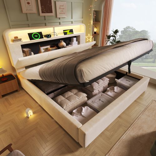 Lit Coffre 140x190 Cm Avec LED, Ports USB, Tiroirs Et Tête De Lit à Rangement, Sommier Inclus,beige - Lit double