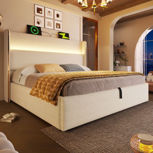Lit Coffre 160x200 Cm Avec Tête De Lit, Éclairage LED Et Ports USB/type-c, En Lin Beige