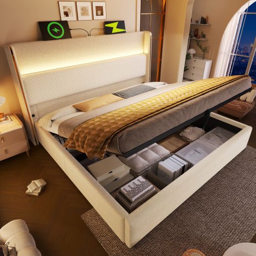 Lit Coffre 160x200 Cm Avec Tête De Lit, Éclairage LED Et Ports USB/type-c, En Lin Beige