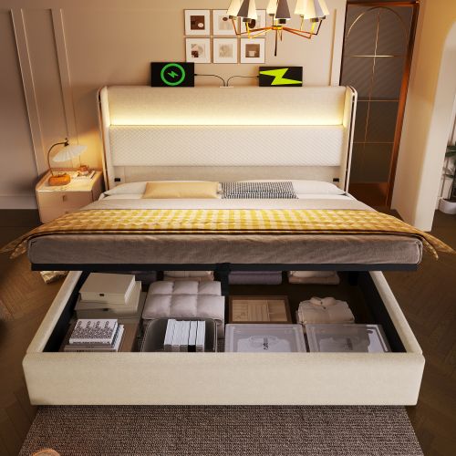 Lit Coffre 160x200 Cm Avec Tête De Lit, Éclairage LED Et Ports USB/type-c, En Lin Beige