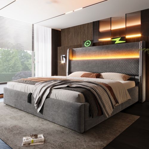 Lit Coffre 160x200 Cm Avec Tête De Lit, Éclairage LED Et Ports USB/type-c, En Lin Gris