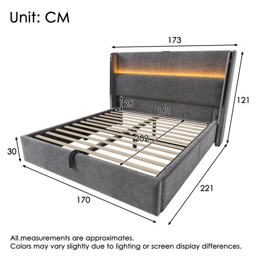 Lit Coffre 160x200 Cm Avec Tête De Lit, Éclairage LED Et Ports USB/type-c, En Lin Gris