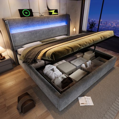 Lit Coffre 180x200 Cm Avec Tête De Lit, Éclairage LED Et Ports USB/type-c, En Lin Gris