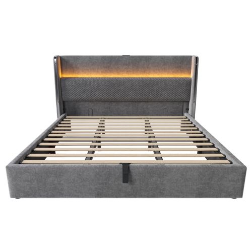 Lit Coffre 180x200 Cm Avec Tête De Lit, Éclairage LED Et Ports USB/type-c, En Lin Gris