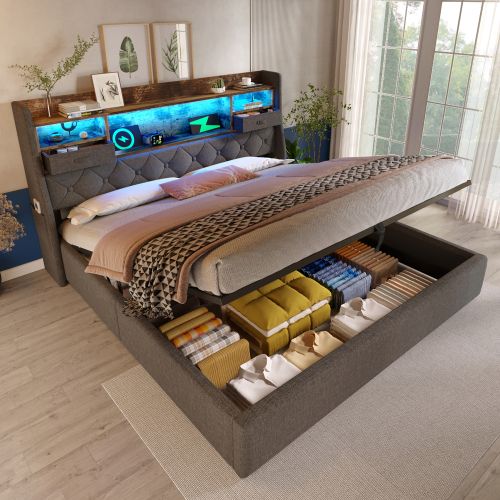 Lit Coffre 140x200 Cm Avec Tête De Lit LED, 4 Stations De Charge USB Et Type-c, En Lin Gris