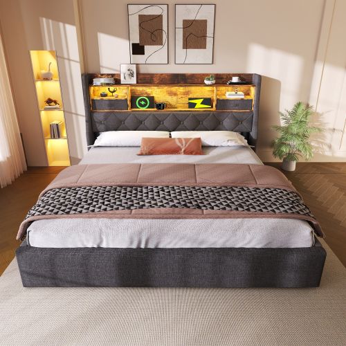 Lit Coffre 140x200 Cm Avec Tête De Lit LED, 4 Stations De Charge USB Et Type-c, En Lin Gris