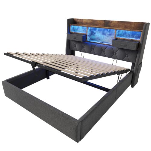 Lit Coffre 140x200 Cm Avec Tête De Lit LED, 4 Stations De Charge USB Et Type-c, En Lin Gris