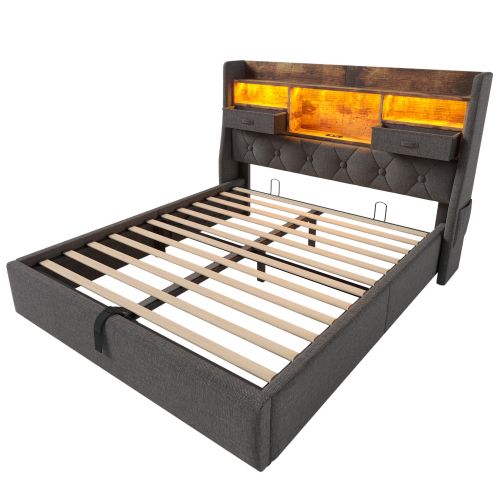 Lit Coffre 160x200 Cm, Lit Avec Tête De Lit LED, 4 Stations De Charge USB Et Type-c, En Lin Gris