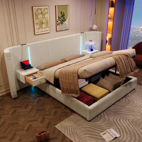 Lit Coffre Adulte 180x200 Cm Avec Bande LED, 2 Tiroirs, USB Et Type-c, En Velours, Beige