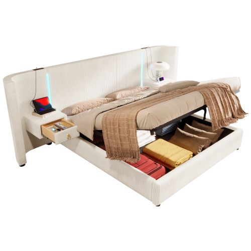 Lit Coffre Adulte 180x200 Cm Avec Bande LED, 2 Tiroirs, USB Et Type-c, En Velours, Beige